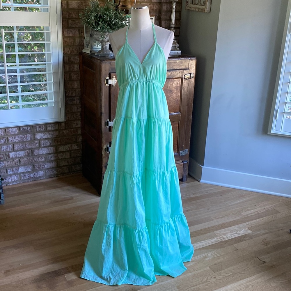 EXPRESS Mint Green Halter V-Neck Tiered Maxi Dress LARGE NEW